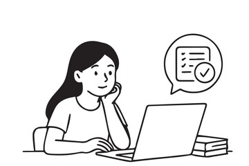 A black and white vector of a woman studying in front of a laptop, with bold black outlines creating a clean, focused design.

