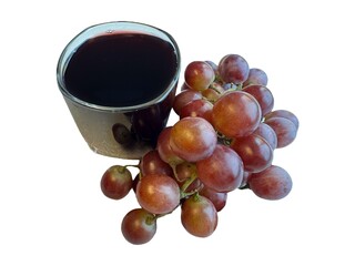 Fresh grapes placed beside a glass of grape juice on a clean white background. The image highlights...