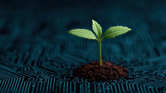 Sustainable energy solutions concept, A young plant emerges from soil on a digital circuit background, symbolizing growth and technology.