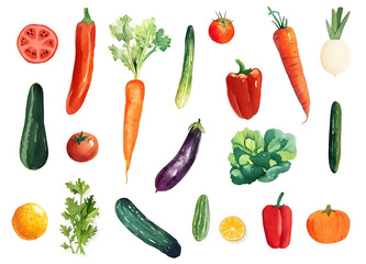 A set of watercolor organic vegetables, healthy eating illustrations, vegetarian recipes, watercolors of cucumbers, tomatoes, eggplant, peppers, and fenugreek bulbs