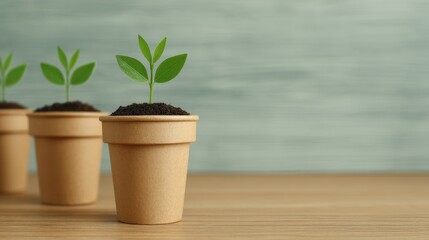 Obraz premium Sustainable energy solutions concept, Green seedlings in eco-friendly pots on a wooden surface, symbolizing growth and sustainability.