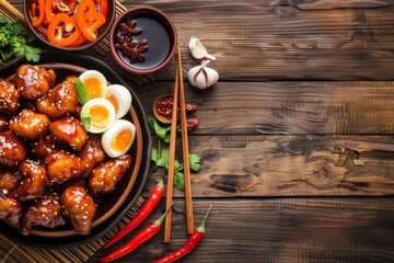 Aerial perspective of bamboo mat featuring chinese cuisine and classic chopsticks arrangement