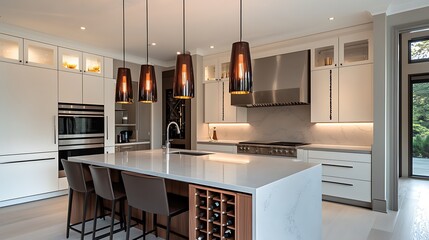 Sleek kitchen design with clean white tones, subtle marbled grey counters, cherry oak island with wine rack and vertical light pendants.