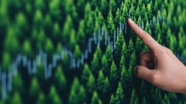 Sustainable energy solutions concept, A hand points to a green background with a fluctuating graph, symbolizing growth and nature.