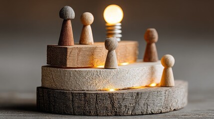 Layered wood figurines scale podium with light above, representing future leadership emergence and mentoring path
