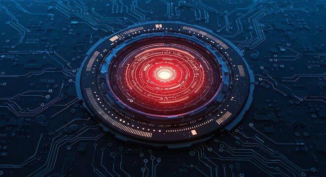 Futuristic Technology Glowing Circular Device on Circuit Board