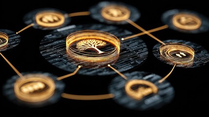 Legacy planning icon shows layered documents, family tree symbols, and coins in glowing schematic to signify generational wealth.
