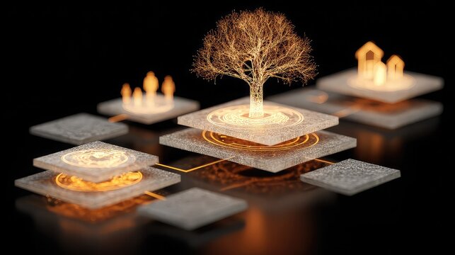 Legacy planning icon shows layered documents, family tree symbols, and coins in glowing schematic to signify generational wealth.