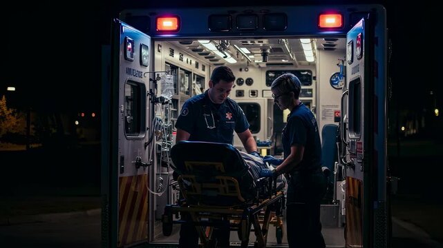 Paramedic man and woman attend to patient on stretcher inside ambulance at night. Emergency healthcare footage.