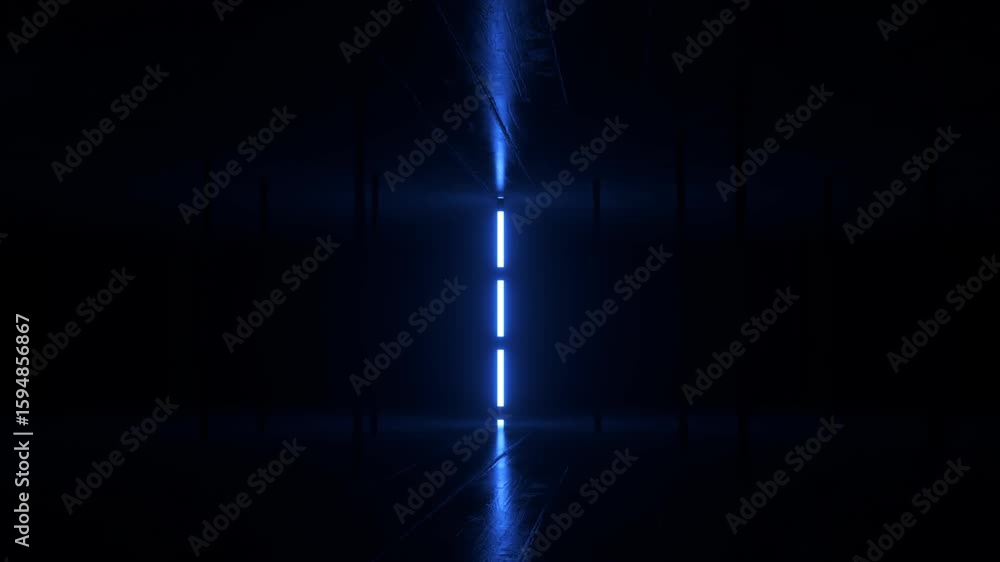 Poster glowing blue neon lights pulsing in rhythmic sequence, creating mesmerizing visual pattern across da