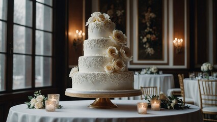 Elegant Four Tier White Wedding Cake with Sugar Flowers