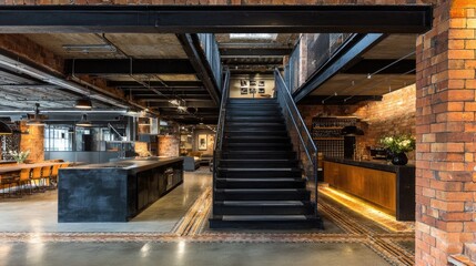 Industrial-modern fusion interior with black metal elements, brick wall, and refined layout