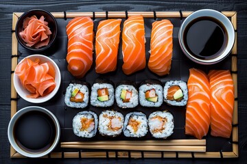 Exquisite Sushi Platter Featuring Salmon Nigiri, Colorful Maki Rolls, and Fresh Wasabi on Display
