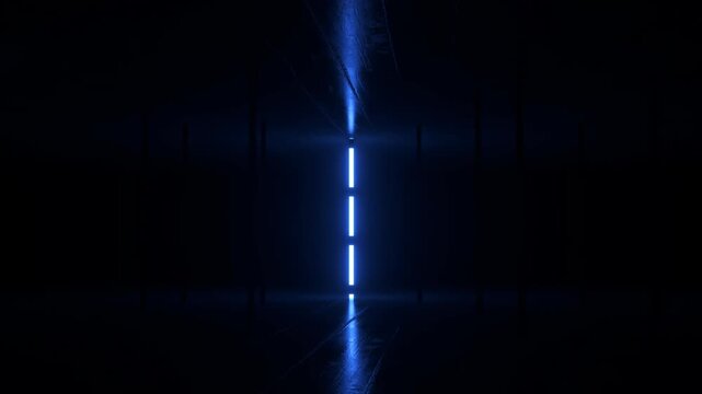 Glowing blue neon lights pulsing in rhythmic sequence, creating mesmerizing visual pattern across dark, reflective floor of empty architectural space