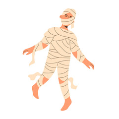 Flat vector illustration of a young man wrapped in classic mummy bandages. Stylish Halloween character
