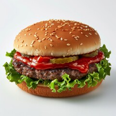 Delicious hamburger with juicy beef patty, fresh greens, and flavorful ketchup on white background