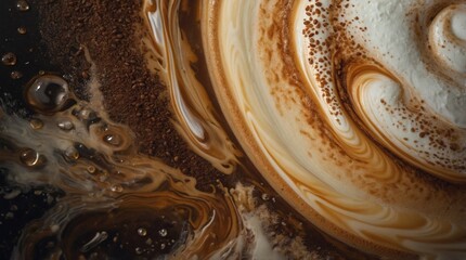 Cappuccino and milk foam close up view. Generative AI image.