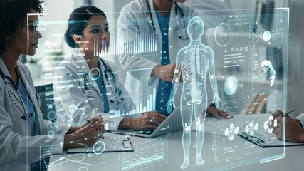 Doctors using modern medical virtual screening device with human body hologram. Group of physicians examine patient data. - Powered by Adobe