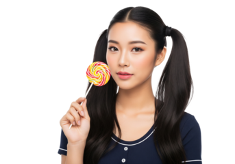 Cute Asian Girl with Pigtails Holding a Lollipop