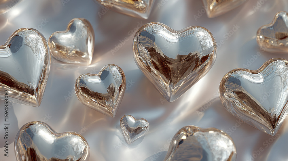 Poster shiny hearts scattered on soft surface above background image