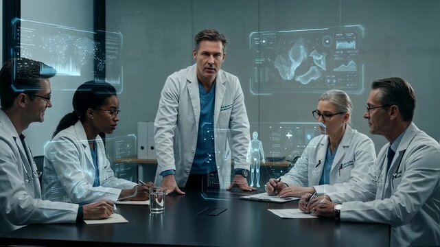 Diverse doctors meeting with man and woman in hospital, discussing medical data using virtual reality with HUD elements. Footage. - Powered by Adobe