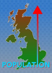 UK population growth illustrated with a rising arrow over a map of Great Britain. Ideal for themes of demographics, economy, and social change