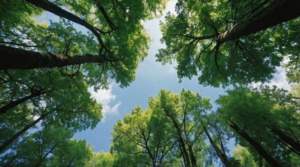 Trees in forest from below, green tops of trees, blue sky background