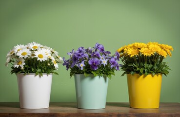 Three pots of flowers sit on wooden table against green background. White daisies, purple pansies, yellow gerbera daisies in full bloom. Arrangement offers vibrant display of spring, summer colors