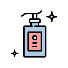 Hand Soap Outline Icon. Liquid antibacterial soap. Hands disinfection. Illustration of cleanser, detergent, shampoo, liquid soap, gel. Color symbol. Vector isolated flat sign.