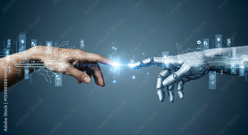 Aufkleber human and robot hands reaching towards each other, with digital elements and a bright spark between 