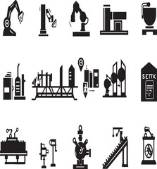 Obraz premium A collection of industrial machine and factory icons in black silhouette on a white background layout