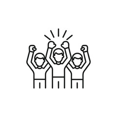 Three people cheering with raised fists isolated on a white background