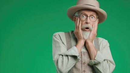 An elderly man with a playful and expressive face, standing out against a simple green background, full of character and charm.