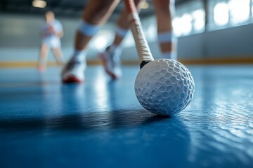 Close-up of a floorball stick and ball during a womans floorball match in a gym, emphasizing the fast-paced action and competitive nature of the sport, Generative AI