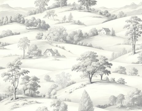 Elegant grey, white toile landscape pattern featuring trees, houses, rolling hills. Classic design evokes vintage, pastoral countryside aesthetic with hand-drawn, traditional feel, perfect for home