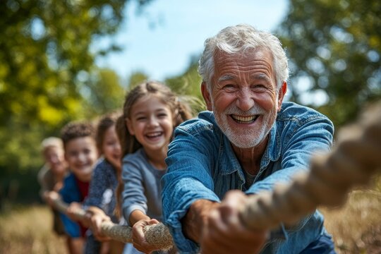 Grandparents having fun with their grandchildren in a tug-of-war game at a family garden party, capturing the spirit of intergenerational play and bonding, Generative AI