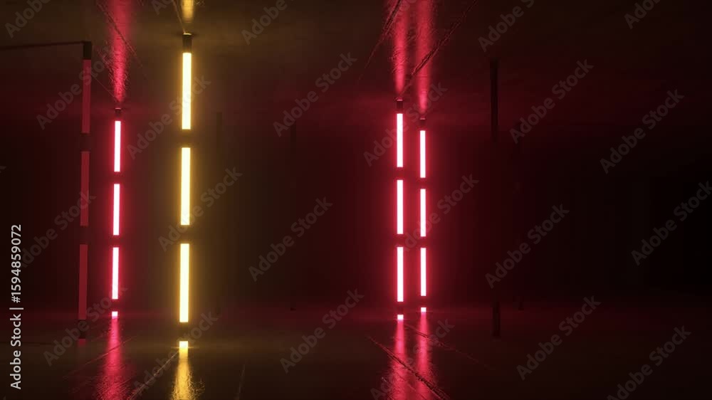 Poster pulsing pink and yellow neon lights illuminating dark reflective floor, creating rhythmic sequence i