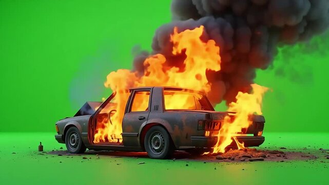 Intense destruction as a car erupts in flames against a vibrant green screen backdrop showing total damage