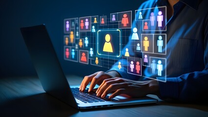 Fototapeta premium Niche marketing and personalization. Marketing segmentation strategy and analysis. Marketer using laptop computer to analyze target customer data.