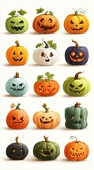 Creative collection of Halloween pumpkins in various styles and colors displayed together for festive decoration