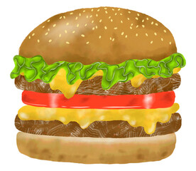 Hand drawn burger on transparent background. Delicious hamburger with double patty and cheese. For food advertisement, promotion, presentation, poster, or banner graphic element.