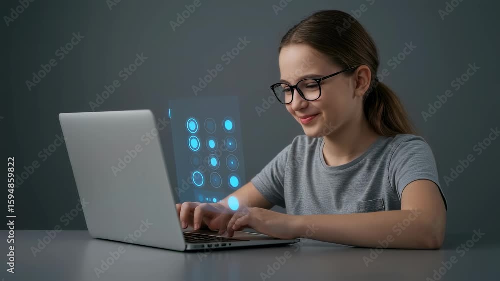 Poster happy young woman using laptop computer with futuristic digital interface for authentication or patt