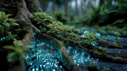 Nature blends with futuristic technology through glowing roots and circuits, visualizing harmony between ecosystems, biotech innovation, and sustainable tech design.