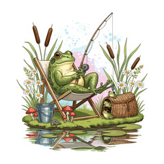 Relaxing Frog Fishing Watercolor Sublimation