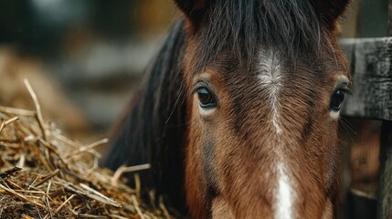 Close-up view of a brown horse resting near hay in a rustic barn during the afternoon sunlight