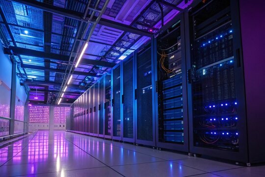 Modern office building interior with a network server data center room featuring blue cables and a long, empty corridor - Powered by Adobe