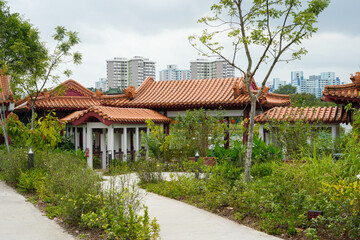 View of traditional Chinese-style buildings with terracotta-tiled roofs in the Chinese Garden