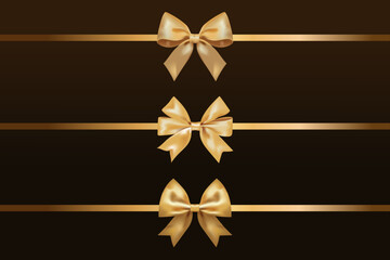 set of realistic gold satin bows on a dark background. luxury decor of discount stores