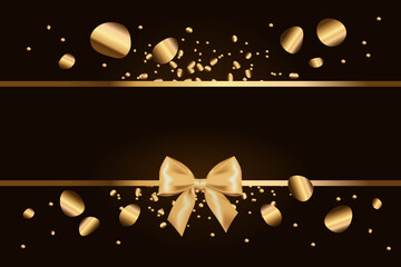 Luxury text frame with gold confetti and satin bow with ribbons. dark rich background with golden particles