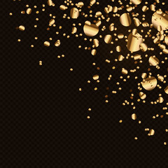 golden confetti of different sizes flying from a corner on a transparent background. golden holiday decor